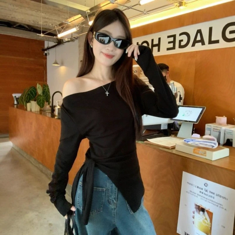 早秋韩版新款斜领长袖设计感打底衫不规则爆款t恤纯色上衣女内搭