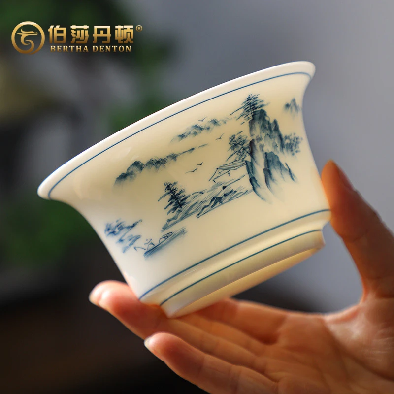 BERTHA DENTON/伯莎丹顿羊脂玉手绘青花盖碗大号陶瓷八宝茶泡茶碗