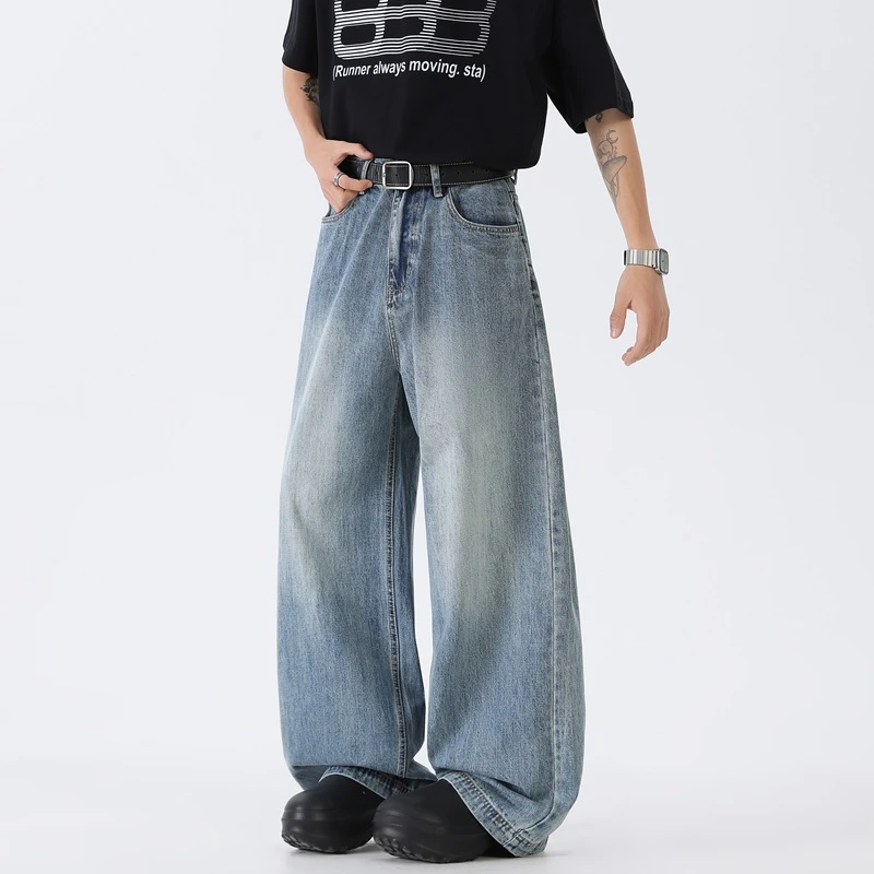 美式复古水洗cleanfit直筒牛仔裤男夏季潮牌情侣阔腿垂感休闲裤子