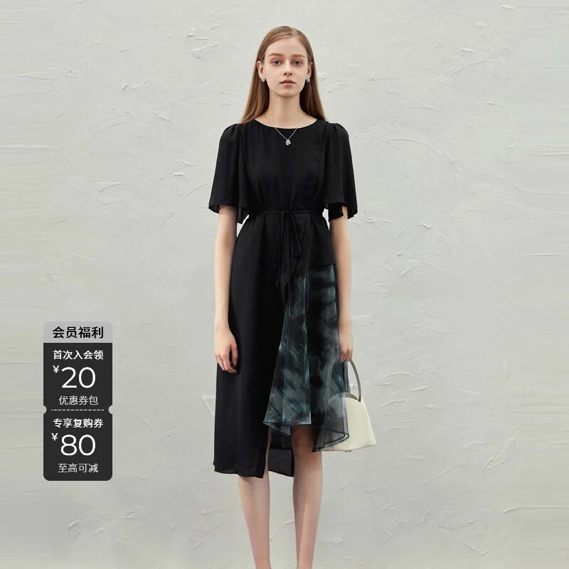 S·DEER显瘦连衣裙拼接黑色复古收腰气质时尚不规则法式S23281230