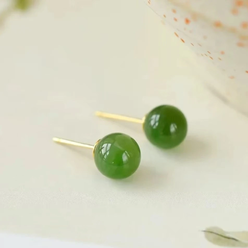 【潮生珠宝】严选精品和田玉碧玉6mm圆珠18k金耳钉