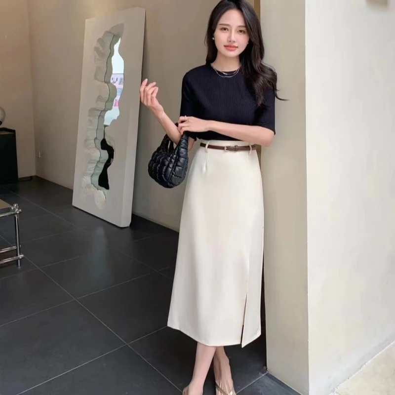 2025春夏季节时尚百搭开叉西装长裙直筒显瘦a字高腰半身包臀裙子
