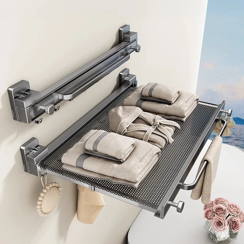 吸盘伸缩浴巾架毛巾架卫生间置物架浴室放衣服架子隐形免打孔