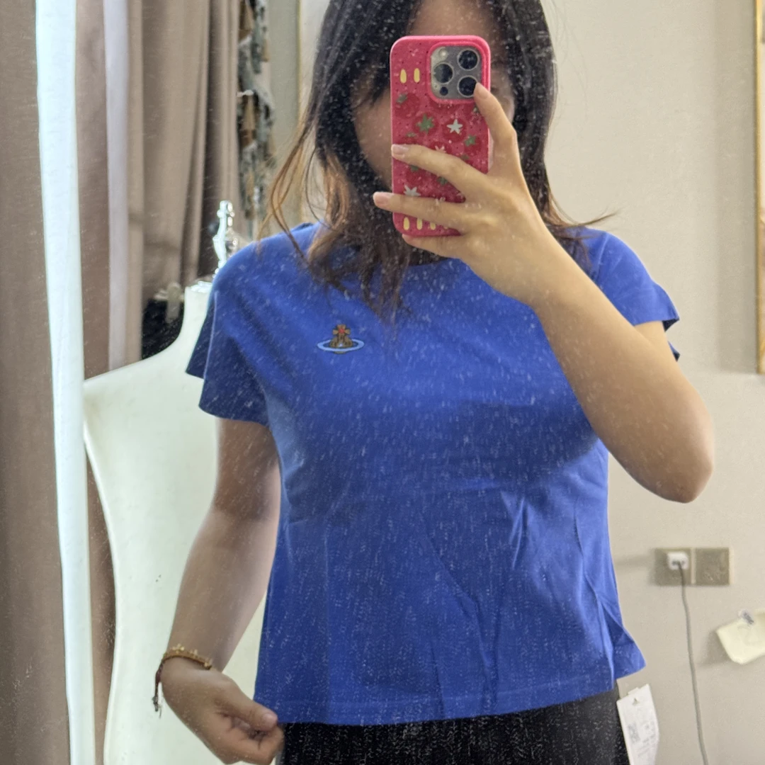 土星短款简约刺绣宝蓝色上衣女显瘦小个子女生
