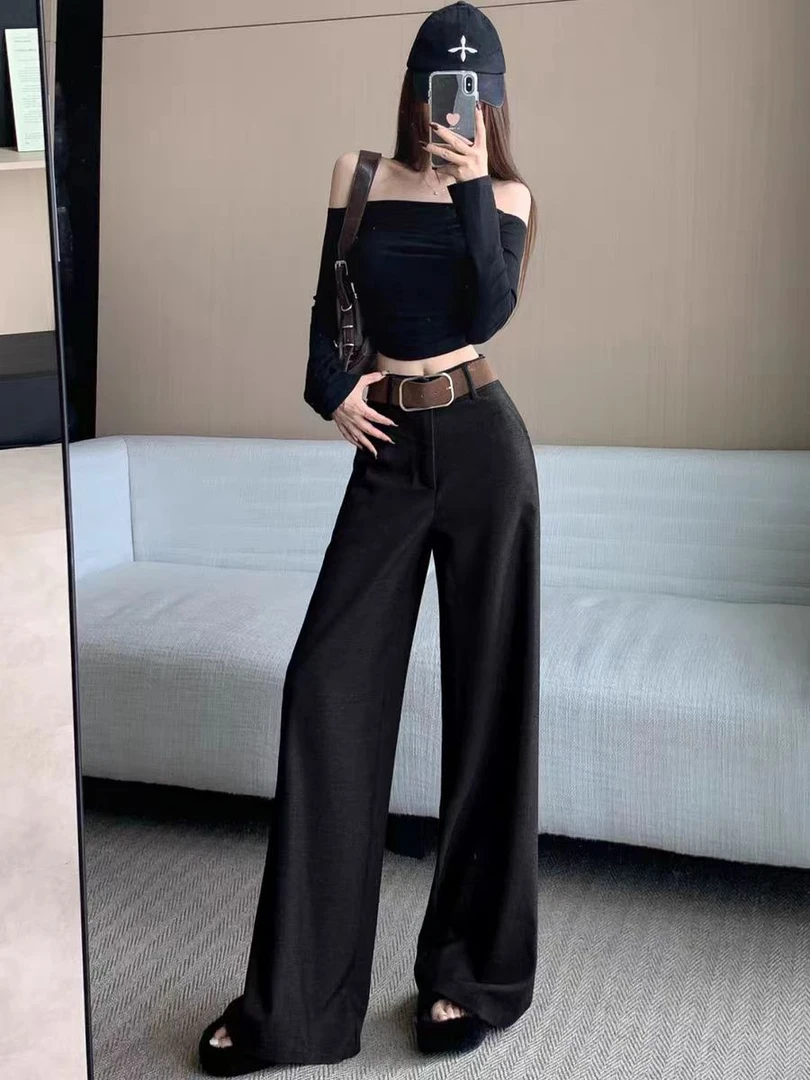 呢料气质复古腰带西装裤高腰百搭阔腿裤拖地裤高级感休闲裤子