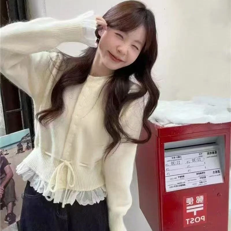 设计感灰色针织开衫女早春2025年新款小个子系带多扣甜美内搭上衣