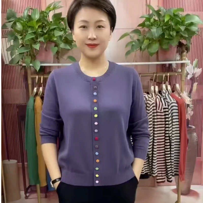 春秋外套复古彩扣时尚上衣针织毛衣圆领新款宽松长袖显瘦百搭外穿