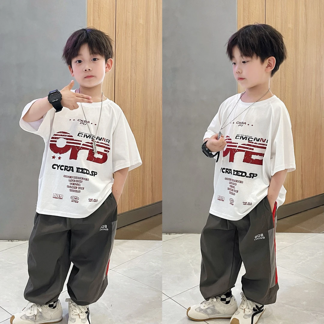 百搭印花夏季潮酷短袖男童印花套装2025新款中大童宽松儿童服装