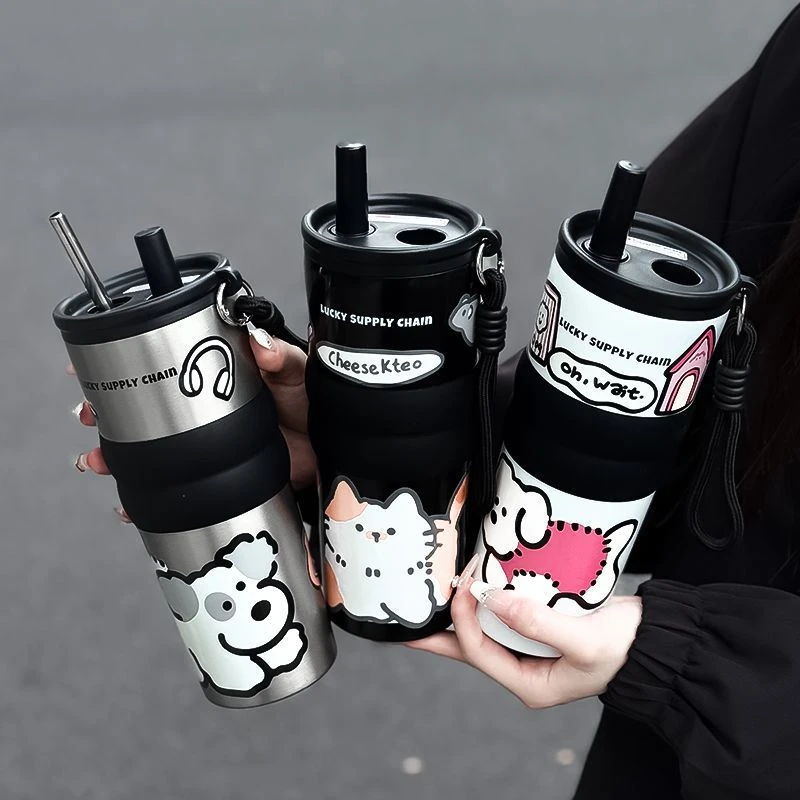 咖啡杯便携水杯高颜值车载夏天冰霸杯吸管杯陶瓷内胆保温杯大容量