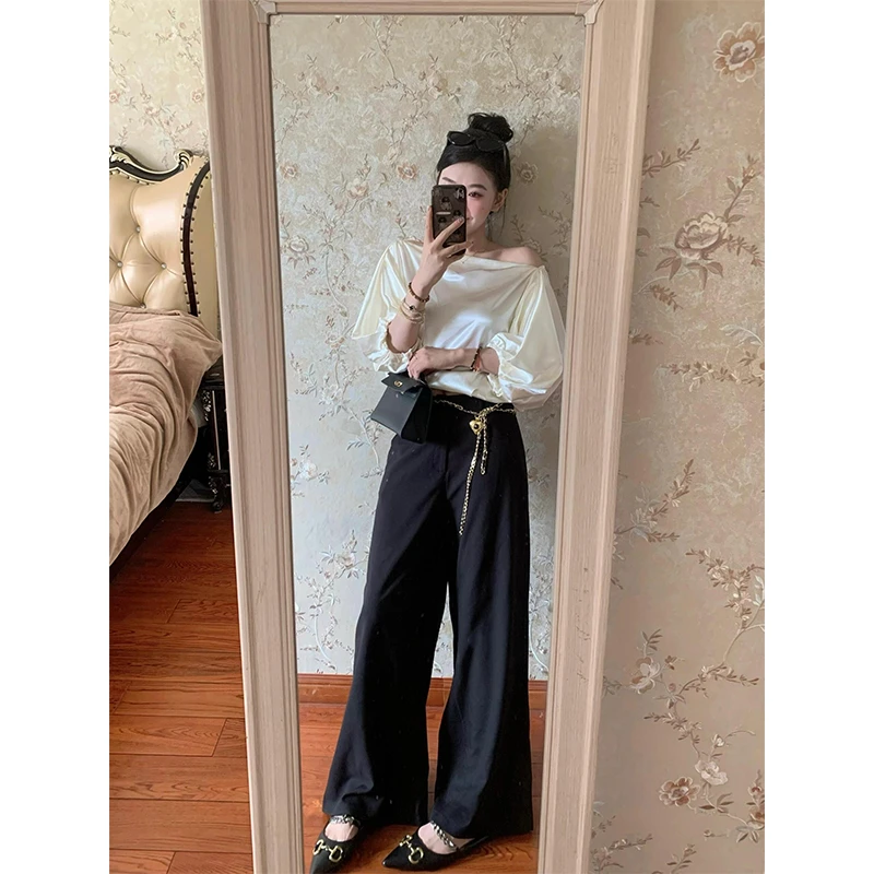 性感辣妹斜领露肩短袖小衫宽松上衣阔腿裤高腰垂感直筒拖地休闲裤