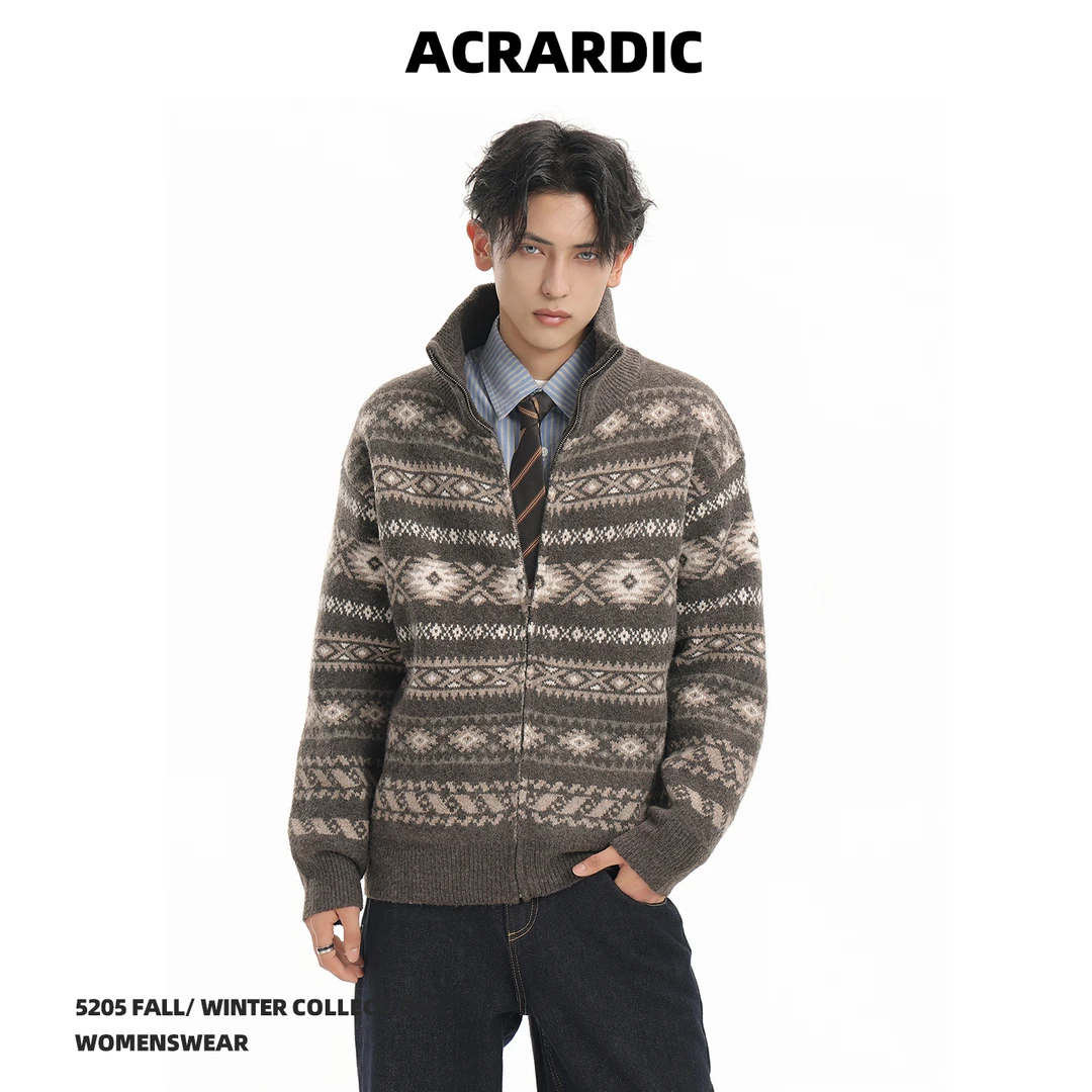 ACRARDIC秋冬老钱风提花费尔岛立领毛衣男美式慵懒开衫针织衫上衣