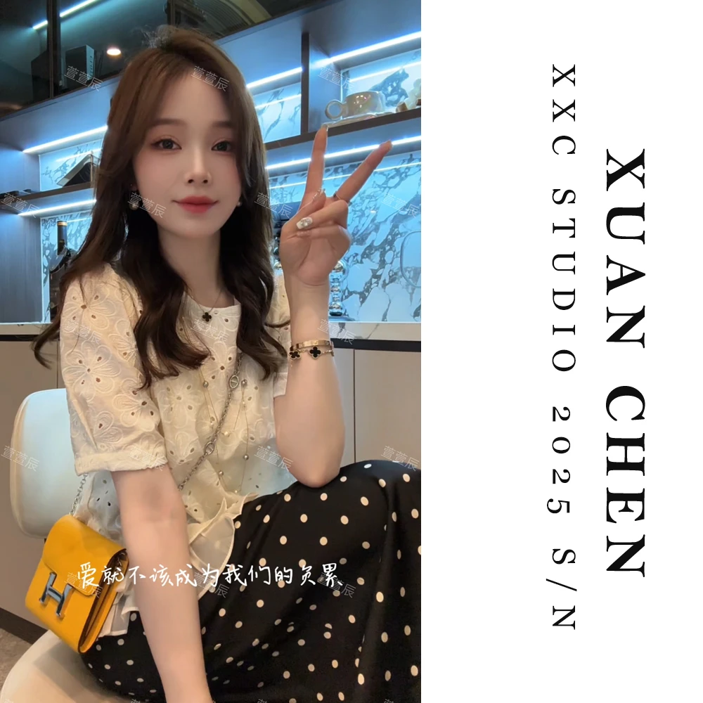 【风吟水岸】韩系洋气百搭镂空小衫夏季短袖女款洋气套头衬衫#8257