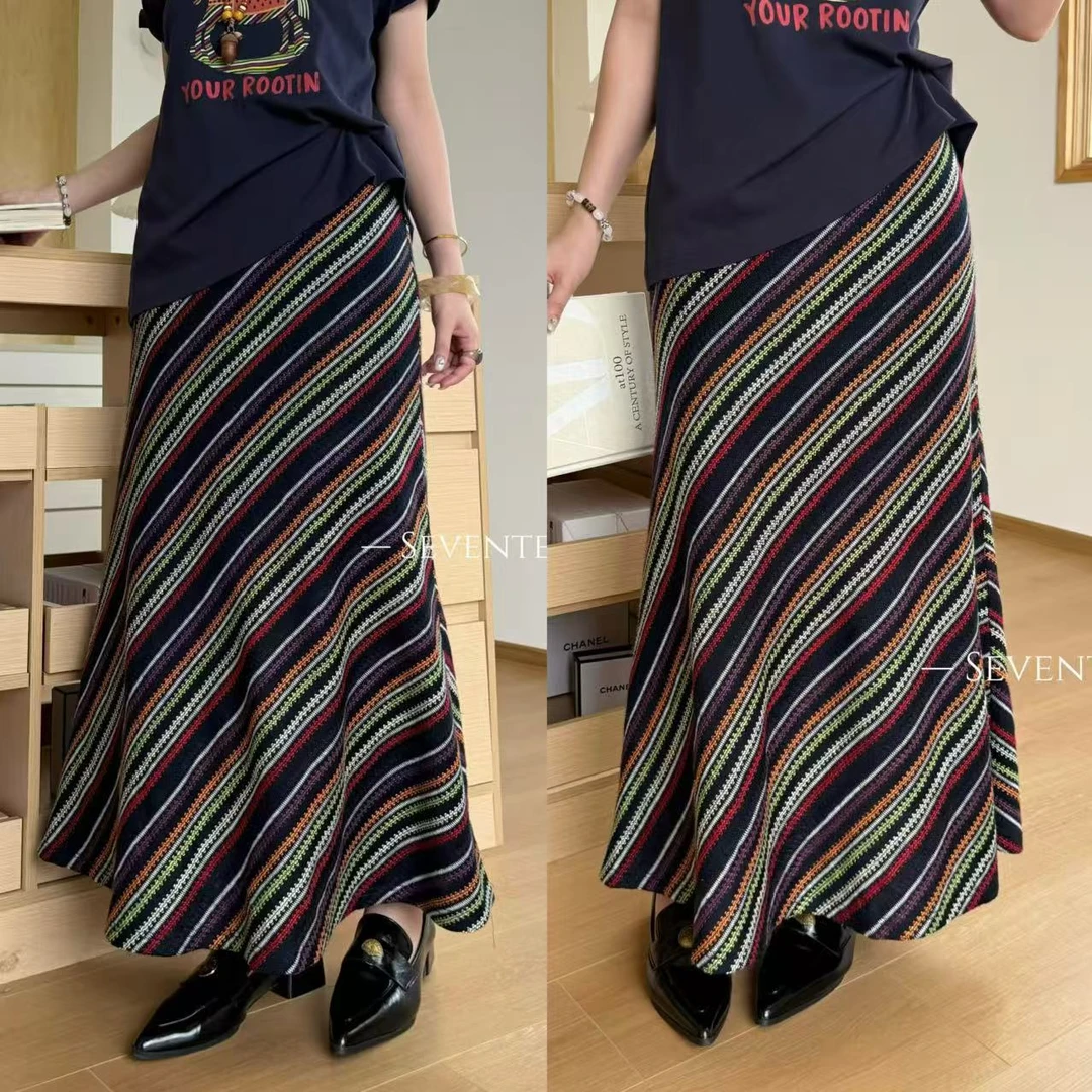 KiKi严选：63030-YFX家南油欧货秋冬彩条民族风编织洋气半身裙