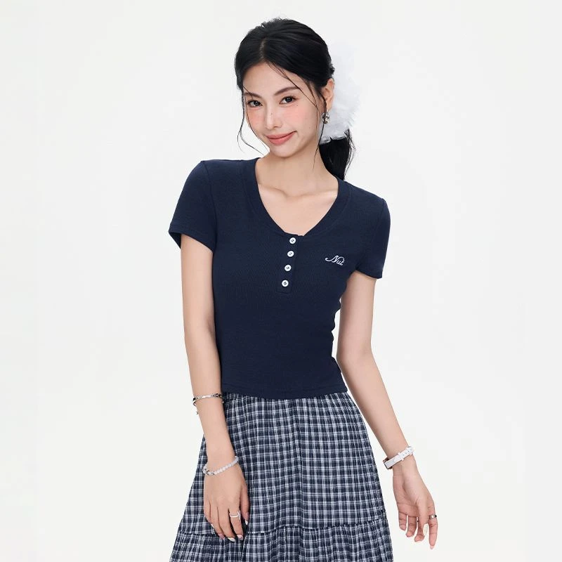 美式辣妹藏青色v领正肩短袖t恤女夏季刺绣修身小众显瘦短款上衣潮