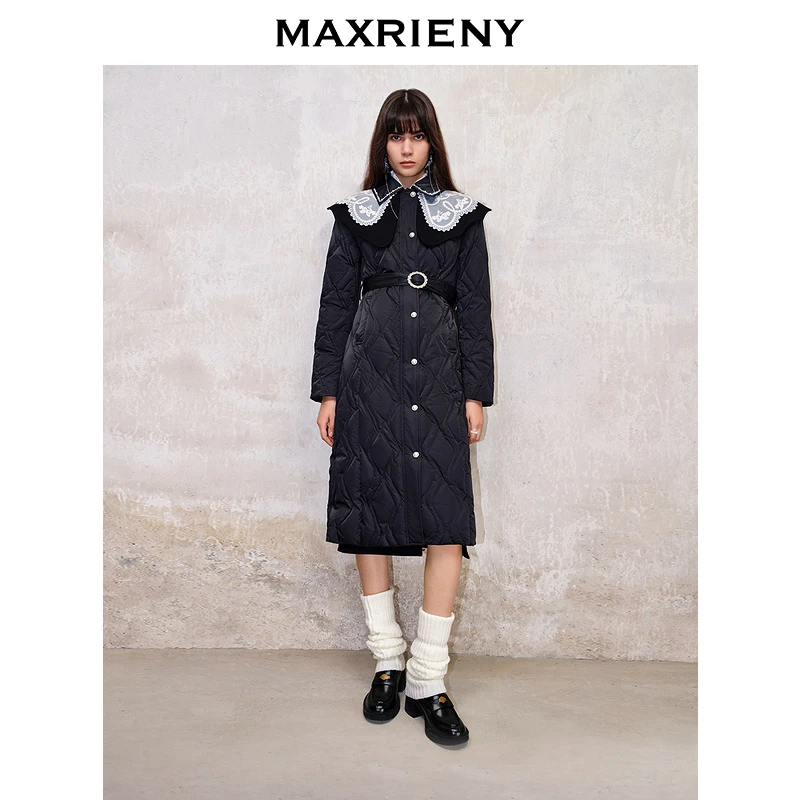 【高高甄选MAXRIENY冬季轻羽绒服中长款黑色修身收腰保暖过膝