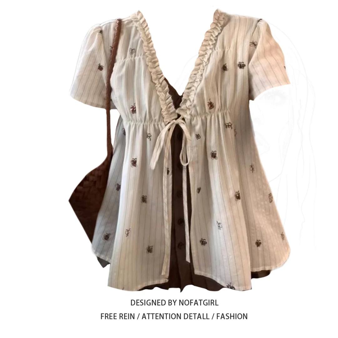 大码胖妹妹法式复古假两件系带木耳边短袖衬衫女夏季宽松显瘦上衣