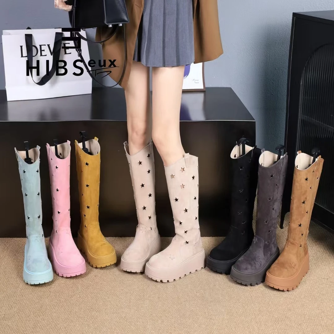 Hibseux/槿奢2025新款镂空满天星长筒靴厚底增高时尚女靴88813