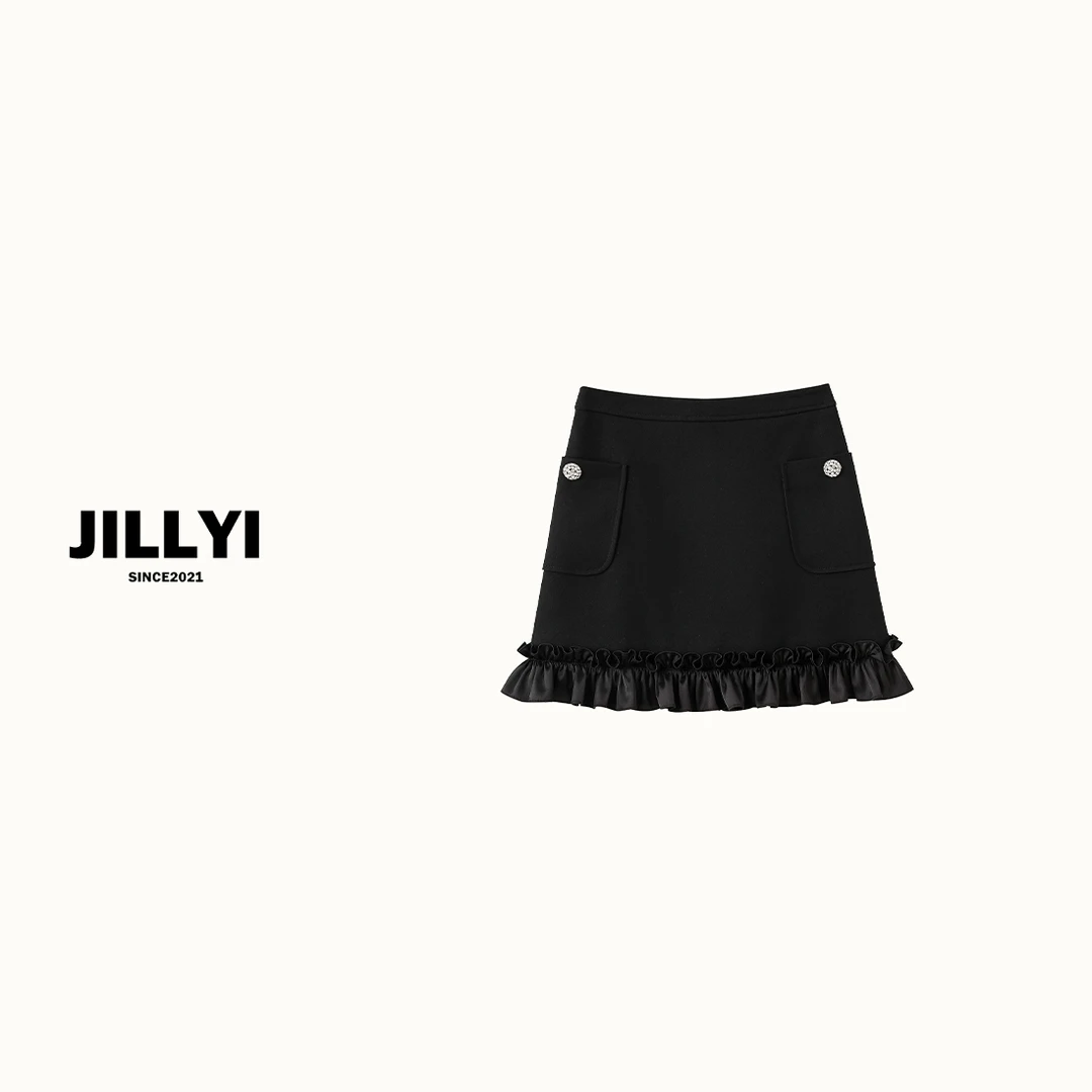 JILLYI南山店【冷黑雨季】黑色高腰木耳下摆时尚显瘦百搭夏季韩版重