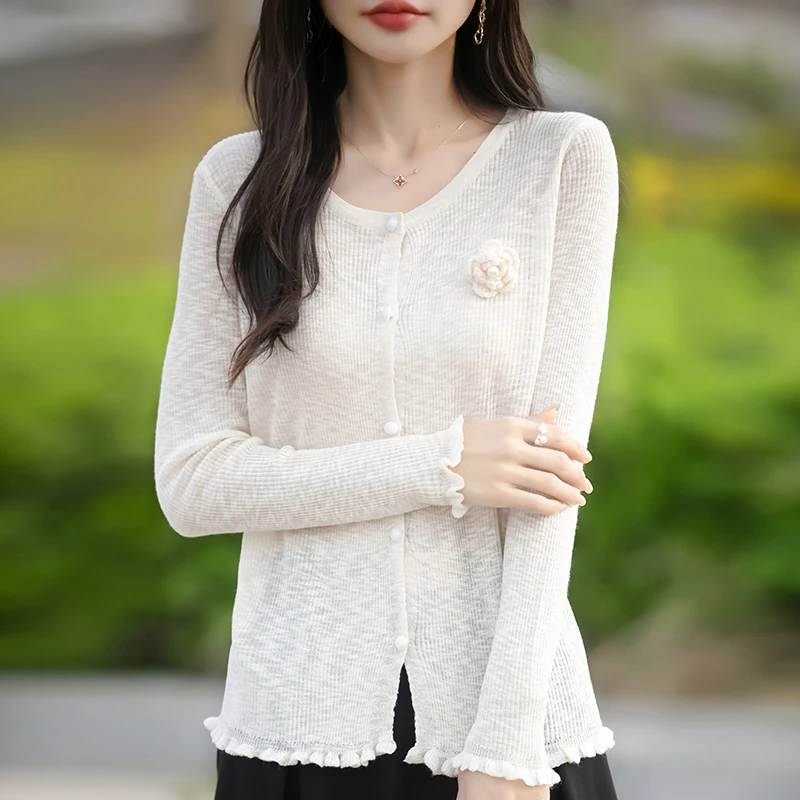 防晒毛针织衫春夏季女式钩花针织衫女装上衣短款打底针织衫外搭