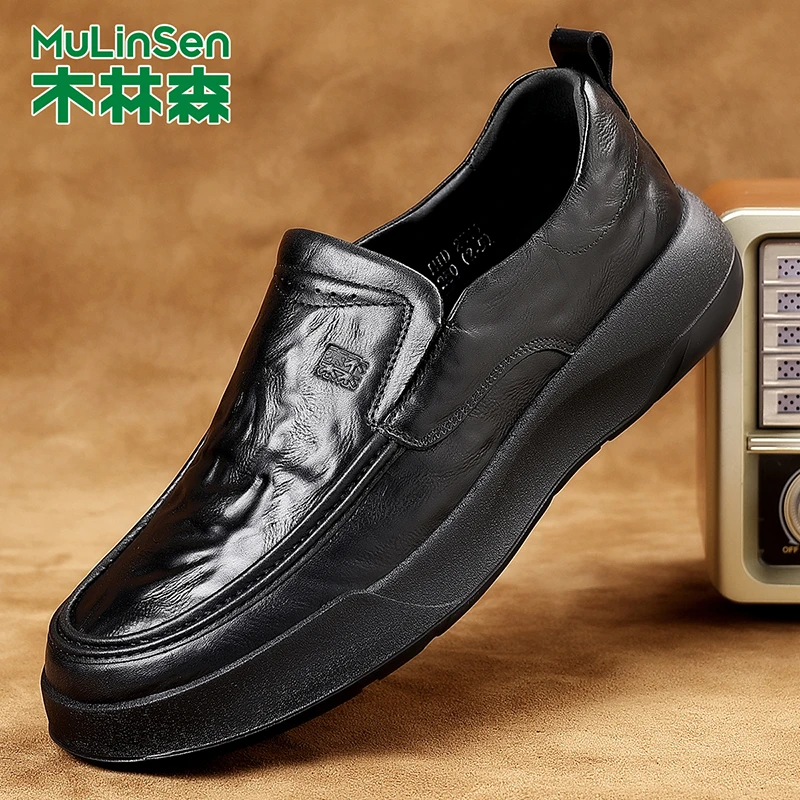 木林森休闲皮鞋秋季头层牛皮爸爸鞋软底复古软皮男鞋男款平底中年