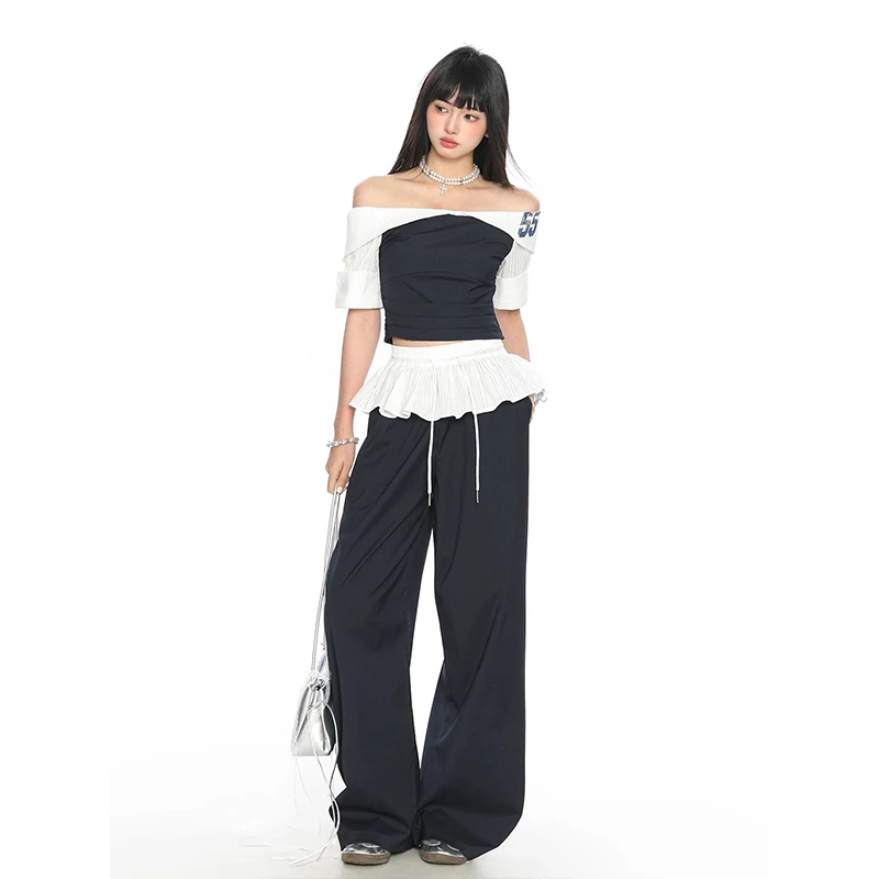 【品质女装】运动风撞色一字肩短袖T恤上衣夏季y2k辣妹显瘦裤子套装