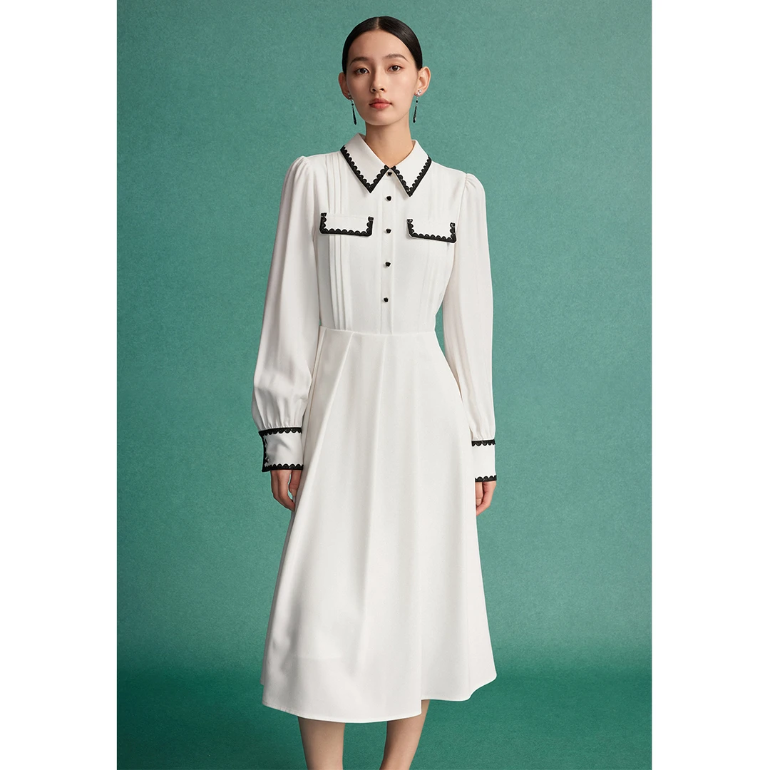 【曼德诗】小香风连衣裙春黑白撞色收腰提花长裙女MC534310759