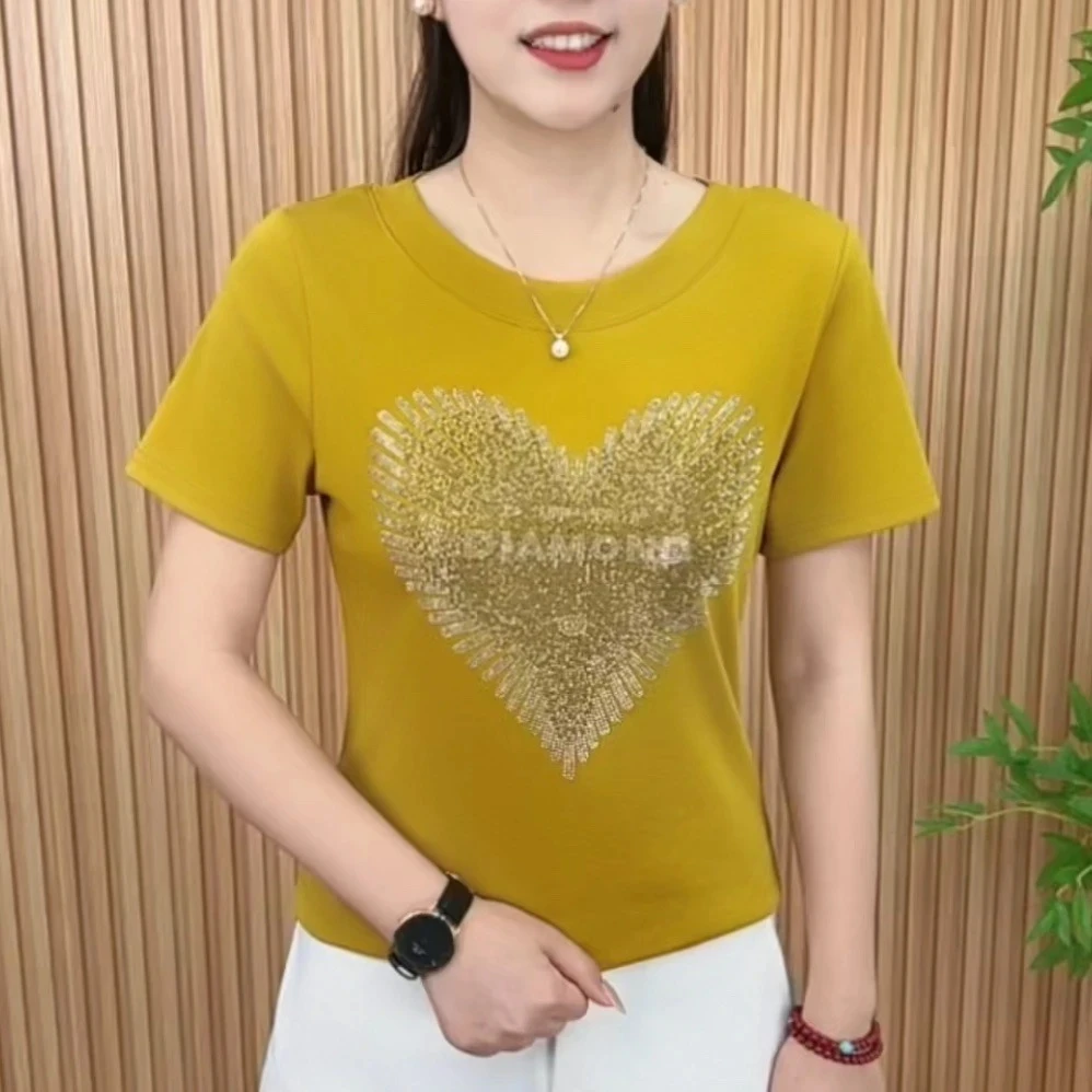 2025夏季新款时尚洋气新款简约圆领纯色烫钻字母百搭显瘦短袖