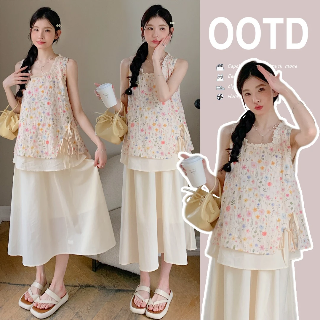 2025刺绣孕妇装大码网红上衣＋百搭半身裙两件套套装碎花显瘦