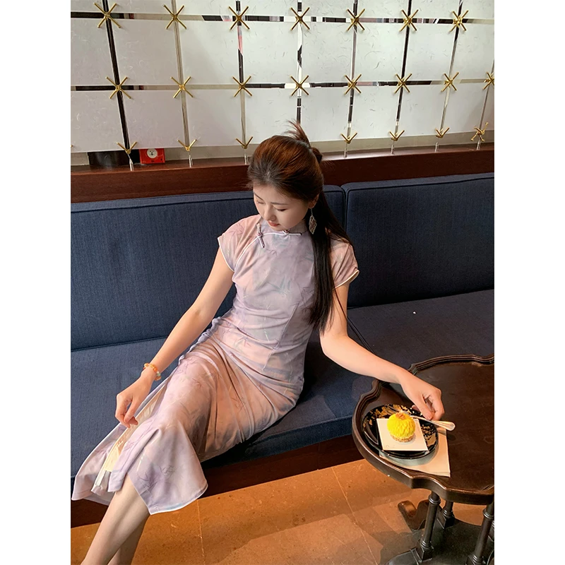 向南飞FLY《一梦江南》日常新中式气质复古旗袍紫色国风连衣裙女春