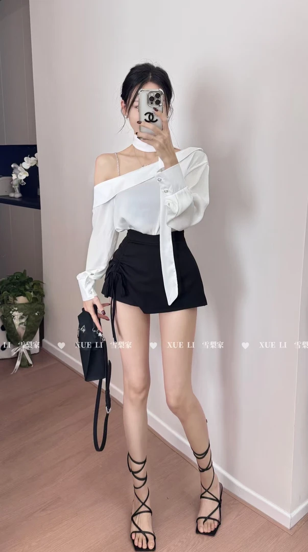 春季新款链条斜肩衬衫上衣