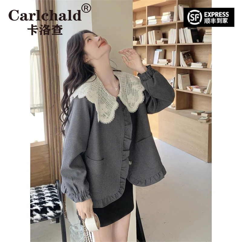 CARLCHALD卡洛查2025春秋季蕾丝娃娃领蕾丝短外套新款百搭优雅超