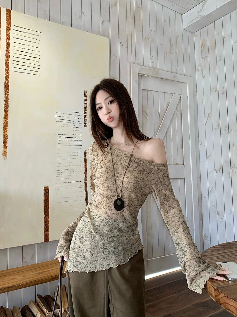 复古韩系辣妹穿搭套装晕染不规则长袖针织衫女装慵懒