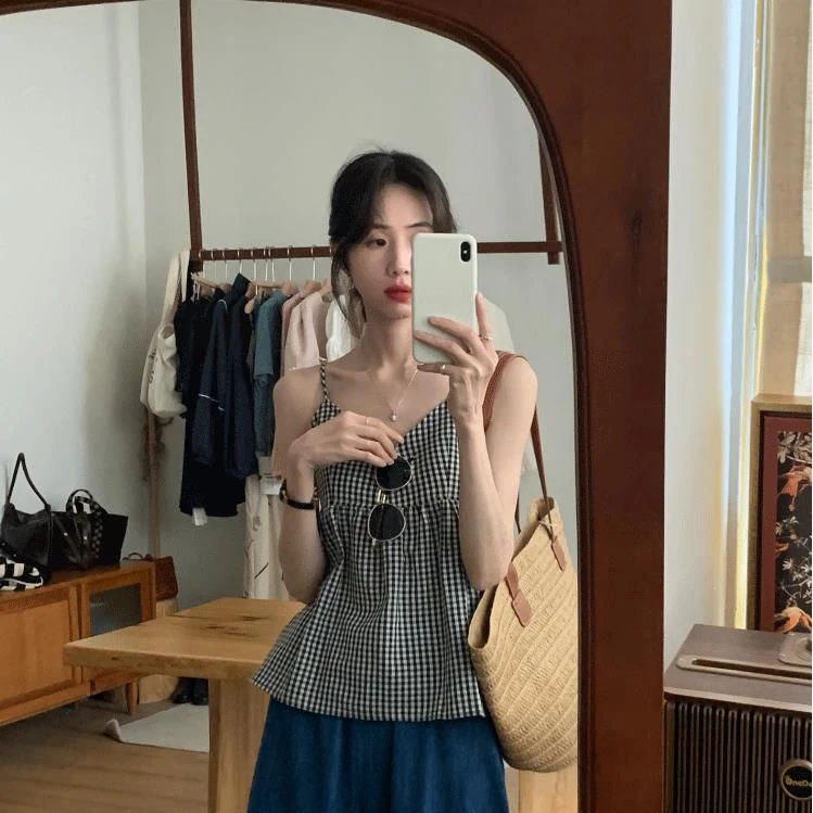 慵懒外穿格子吊带背心女夏季无袖设计感法式甜辣风内搭小上衣