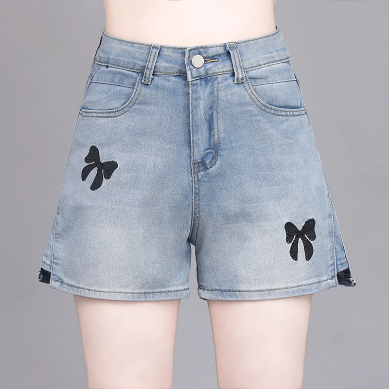 2025夏季凉感天蓝色蝴蝶刺绣开叉牛仔短裤高腰显瘦A字热裤阔腿裤