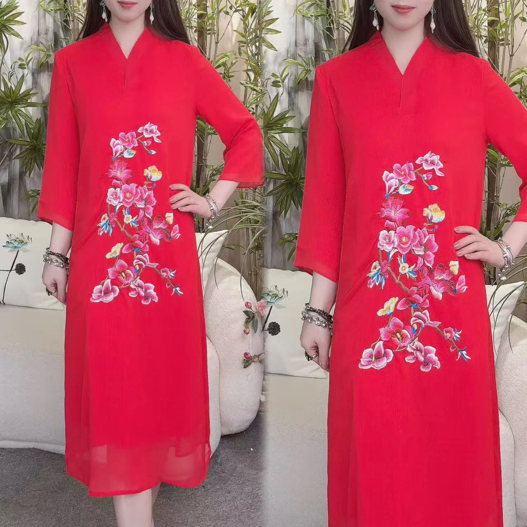 新中式国风V领重工刺绣修身显瘦改良旗袍长款连衣裙日常休闲1939