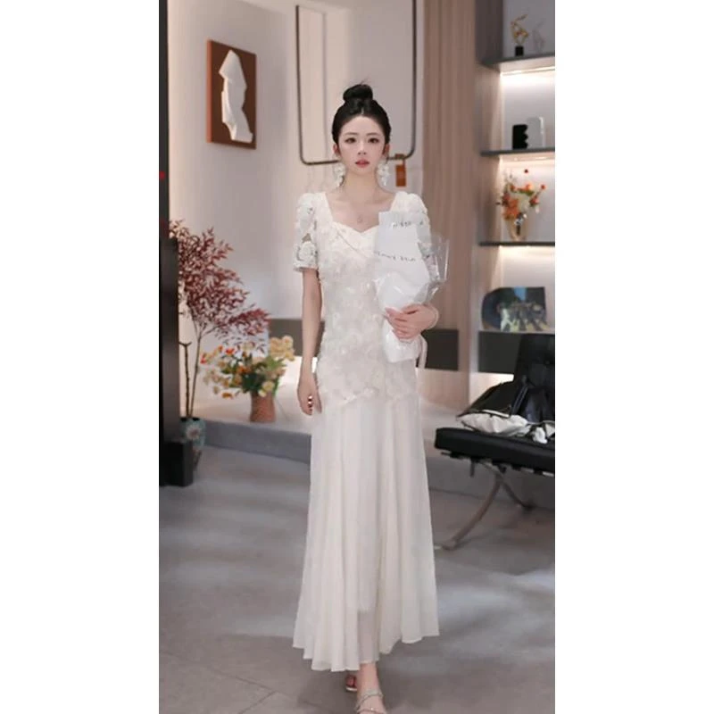 【初遇白茶】法式优雅气质白色超仙连衣裙轻奢小众礼服鱼尾裙长裙子