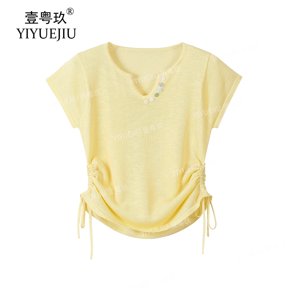 【现货】韩系针织衫纽扣女V领褶皱T恤百搭MIU系夏季抽绳短袖上衣