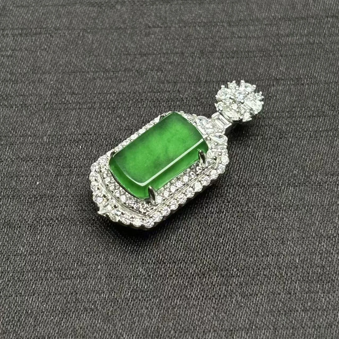 【怀安】纯天然A货高冰种翡翠方牌无事牌银镶钻28.2*9.5*5.2