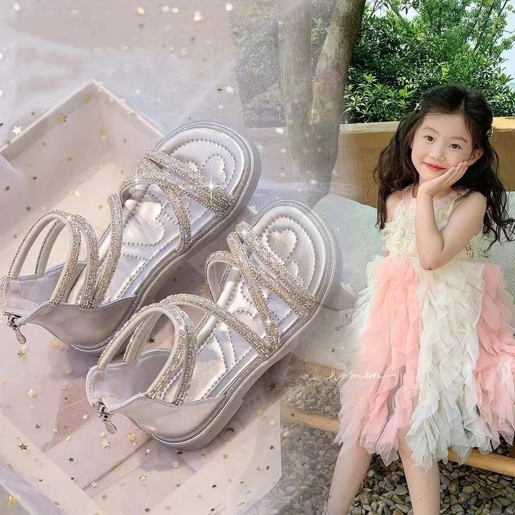 女童凉鞋儿童洋气亮钻公主鞋子2025夏季新款小女孩软底防滑罗马鞋