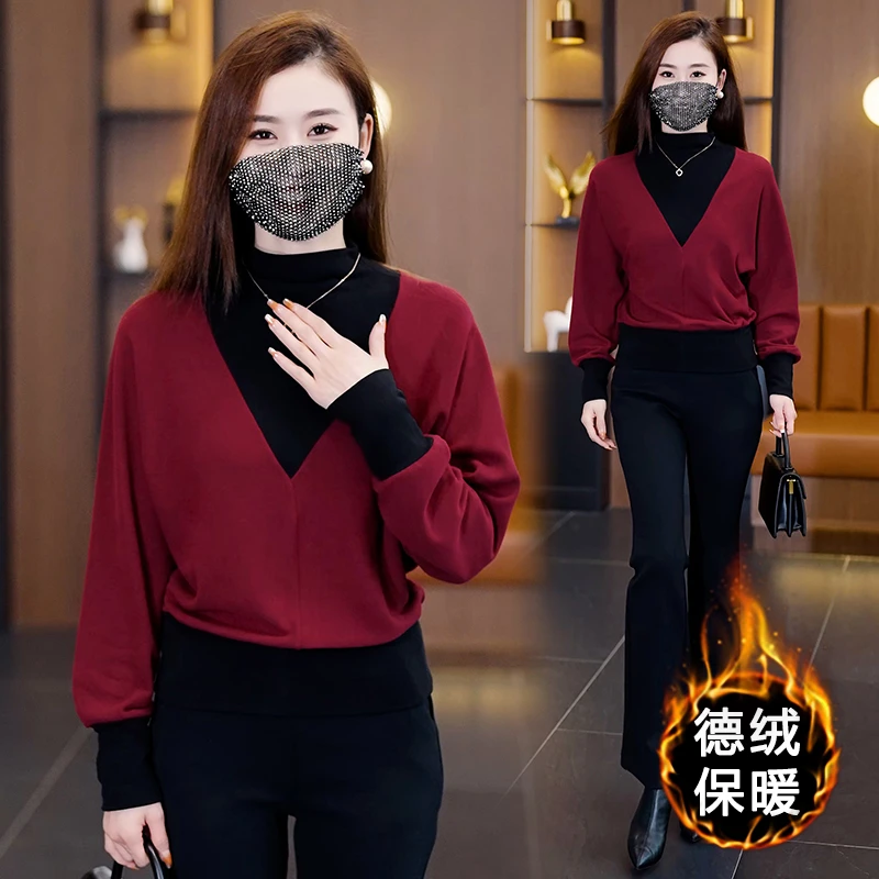 冬季新款半高领纯色打底衫女洋气内搭大码遮肉显瘦长袖上衣妈妈装