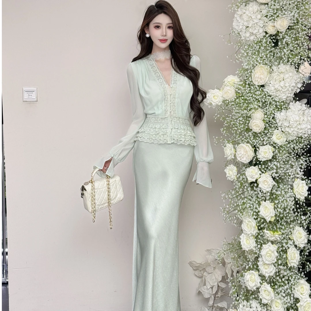 【海盐冰晶】小雨蕾丝气质夏季法式修身显瘦套装25432+25346-2