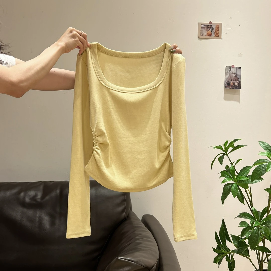 2025韩版新款杏色短袖t恤女夏季慵懒风U领褶皱收腰显瘦修身小上衣