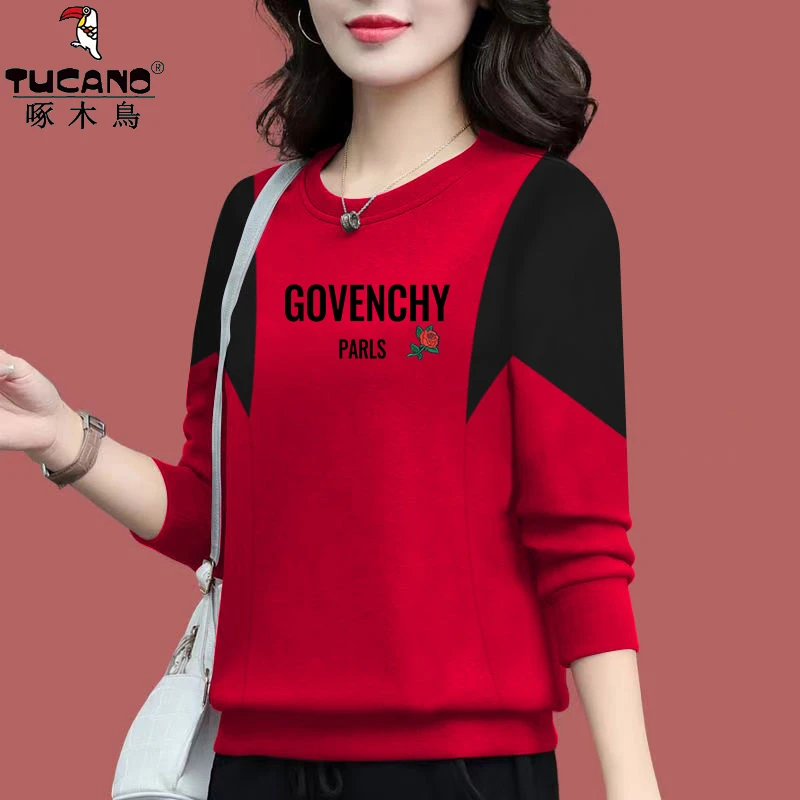 啄木鸟纯棉时髦洋气高级感中年款无帽卫衣女百搭大码显瘦宽松上衣