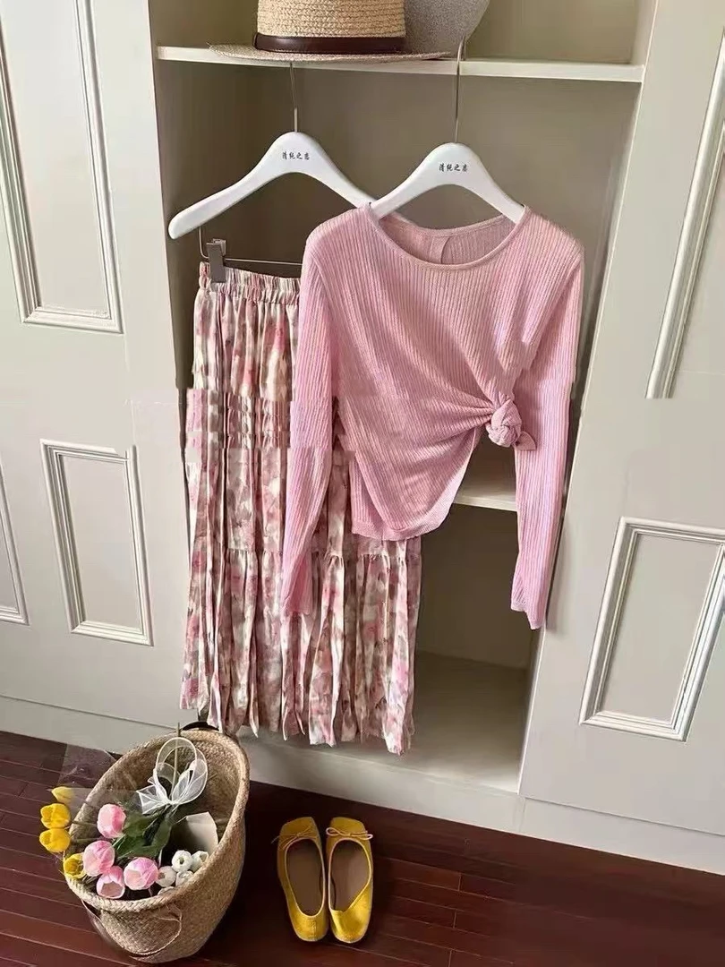 8665粉色花女装韩版时尚百搭碎花半身裙