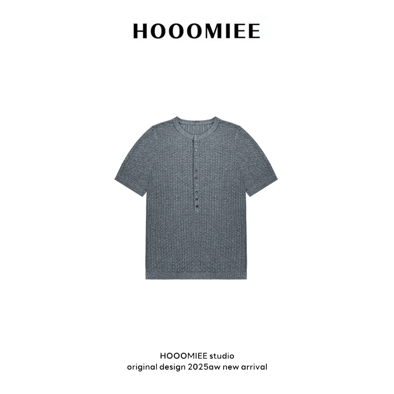 Hooomiee灰色半开领坑条螺纹百搭女士半扣T恤圆领短袖250158
