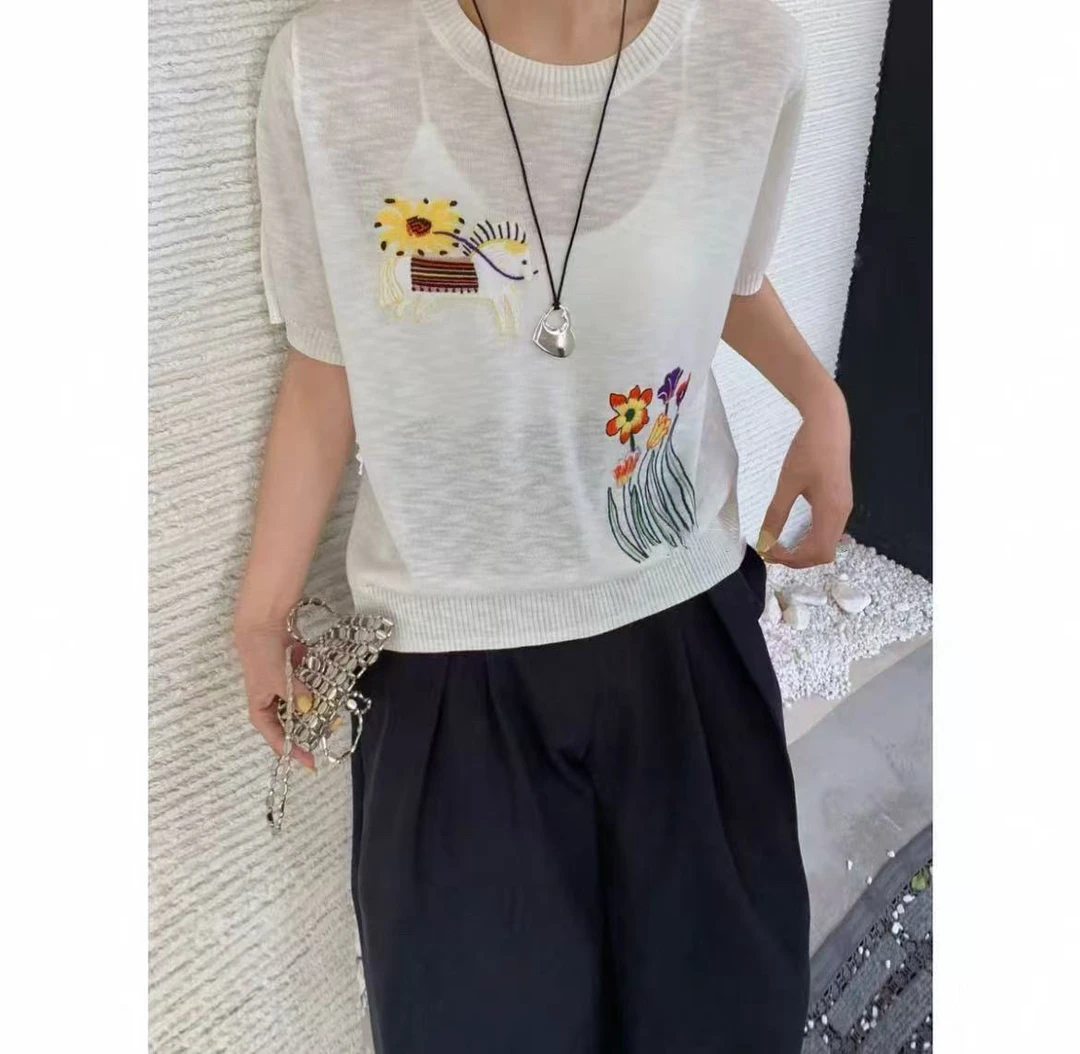 欧洲站2025年春季新款时尚重工刺绣宽松百搭圆领套头短袖女1483