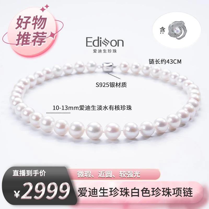 【爱迪生珍珠】S925银白色珍珠项链10-13mmDF