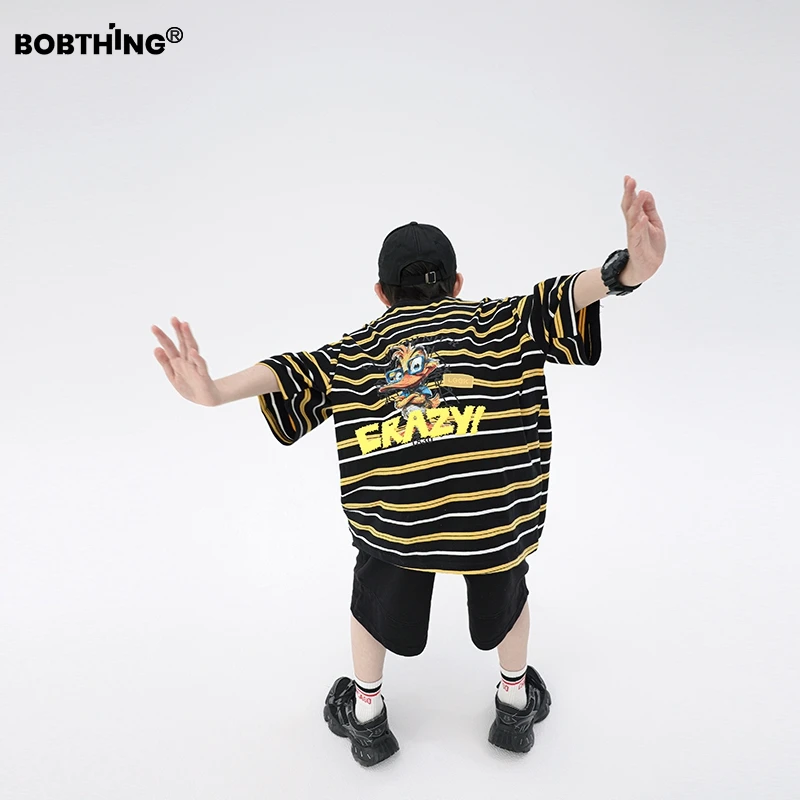 男童夏装2025新款儿童装卡通黄条纹短袖T恤中大童品质半袖打底衫