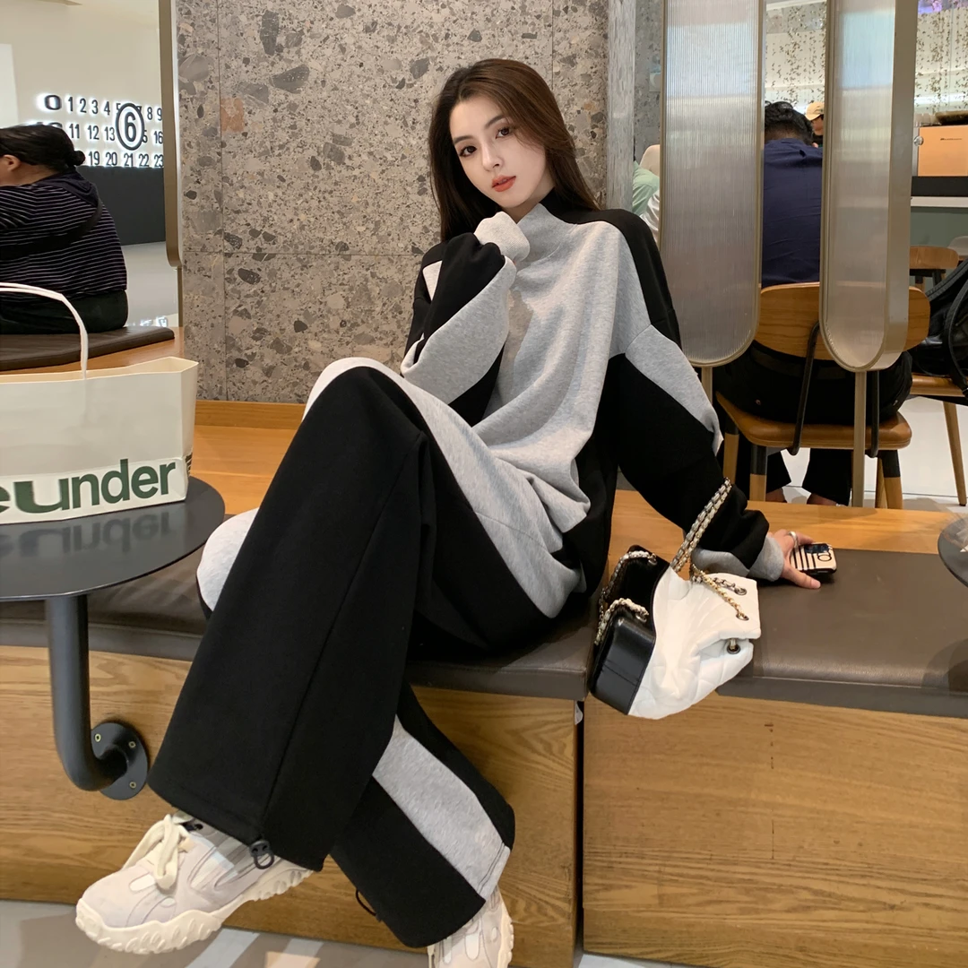 韩系早秋穿搭一整套宽松洋气慵懒风拼色卫衣卫裤运动休闲两件套女