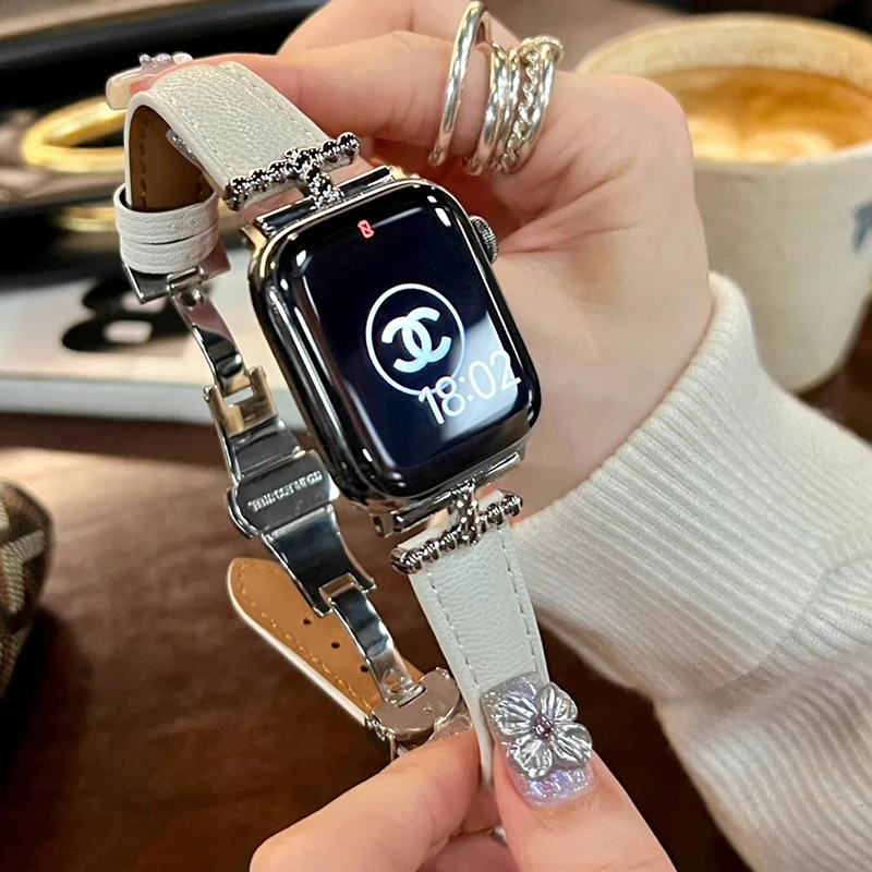 适用applewatchS9表带苹果7手表s10麻花法棍鱼子酱SE皮质S8蝴蝶扣